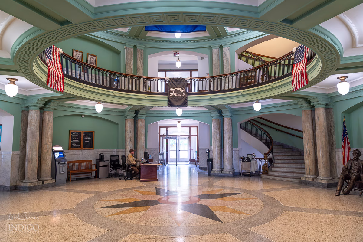 Interior ground-floor view of the Spencer County Courthouse in Rockport, Indiana.