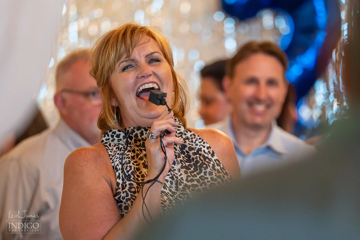 Spencer County Chamber Director Kathy Reinke entertaining the crowd at the annual dinner and awards ceremony.