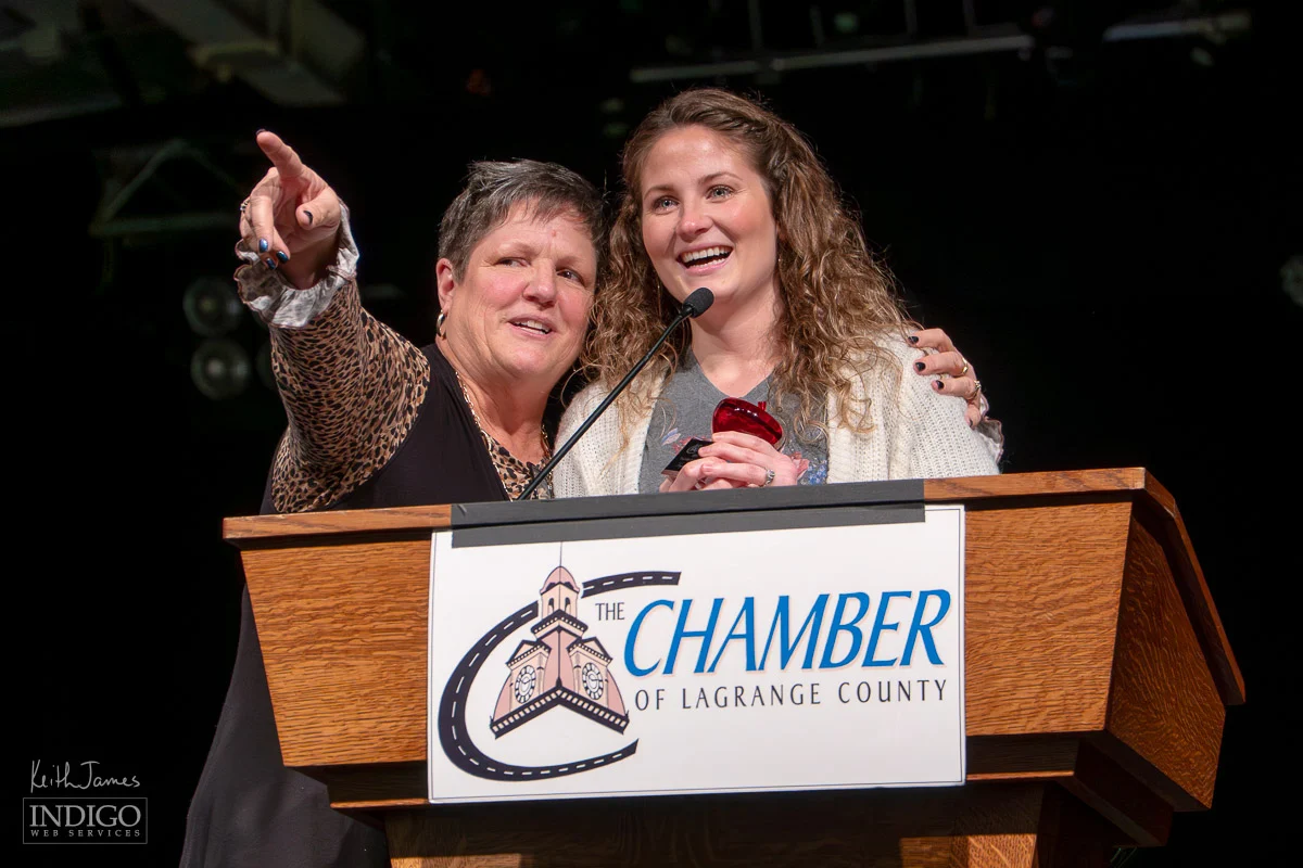 LaGrange County Chamber Director Beth Sherman with 2019 Teacher of the Year Award Krystal Booth, Spanish teacher at Westview Jr-Sr High School.