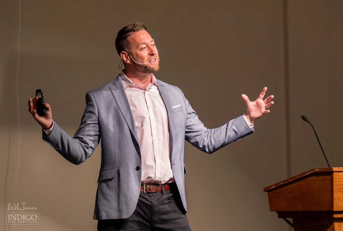 Chris Scheeren from Empowering Voices, Inc. addresses the LaGrange County Chamber of Commerce.