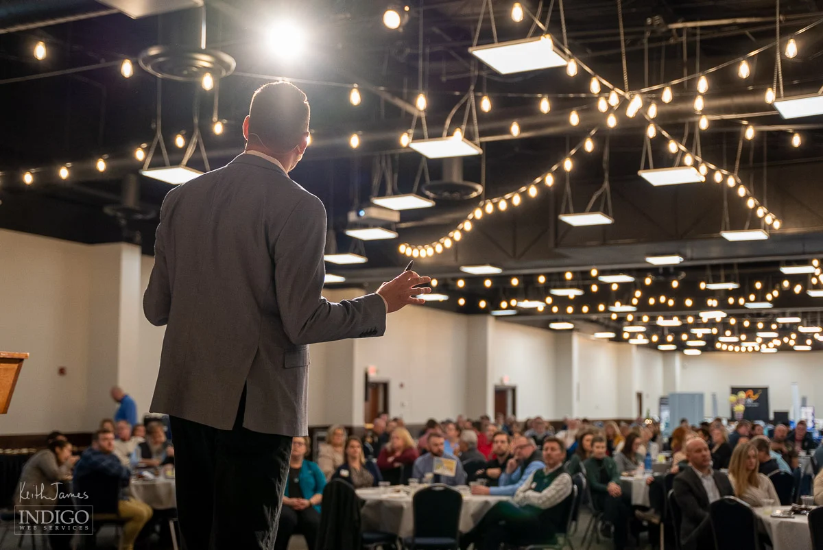 Chris Scheeren from Empowering Voices, Inc. addresses the LaGrange County Chamber of Commerce.