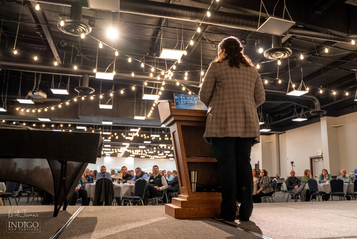 LaGrange County Chamber of Commerce Director Sarah Patrick addresses the Chamber's annual meeting attendees.