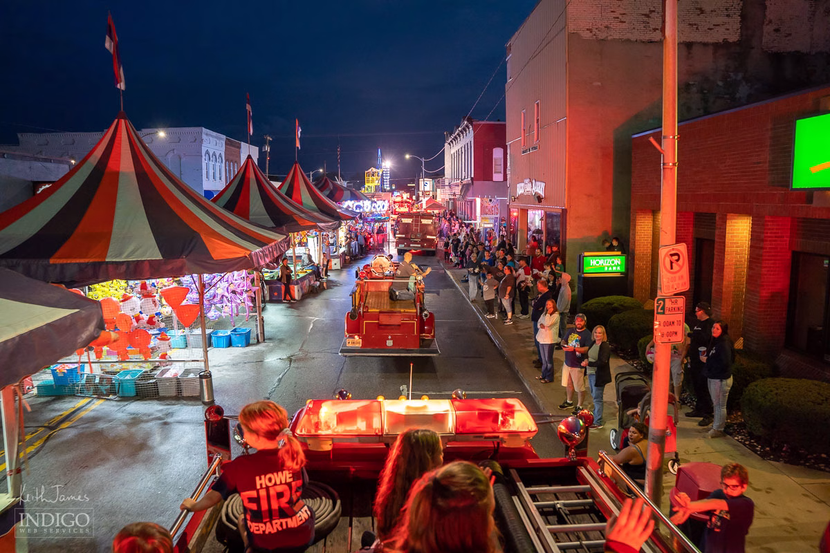 The view of the Corn School parade from the top of a fire engine in LaGrange, Indiana.