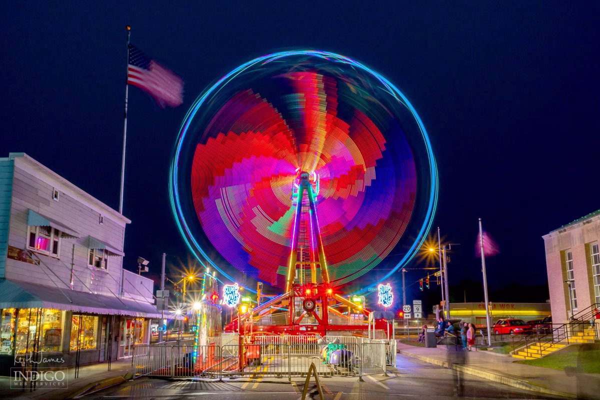 Long exposure of a carnival ride at Corn School in LaGrange, Indiana.