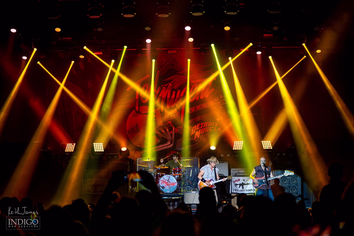 The stage lights for Ted Nugent, performing at the Blue Gate Theatre in Shipshewana, Indiana